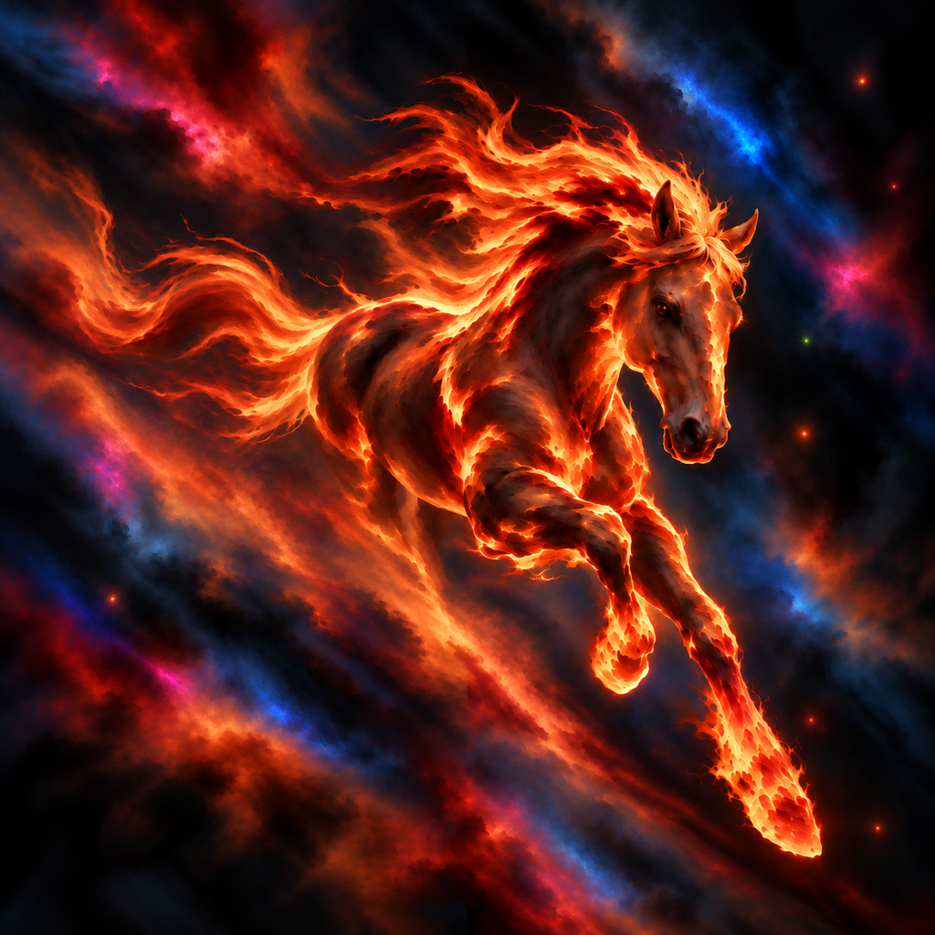 Caballo de fuego sobre un fondo cósmico en tonos rojos y azules; portada de PaqueteSientas Sorore Las Francesas.