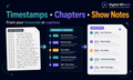Digital Wizard service showing a raw transcript transformed into timestamps, chapter titles, and structured show notes.