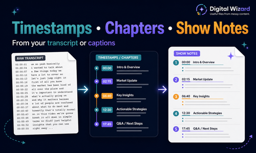 Digital Wizard service showing a raw transcript transformed into timestamps, chapter titles, and structured show notes.