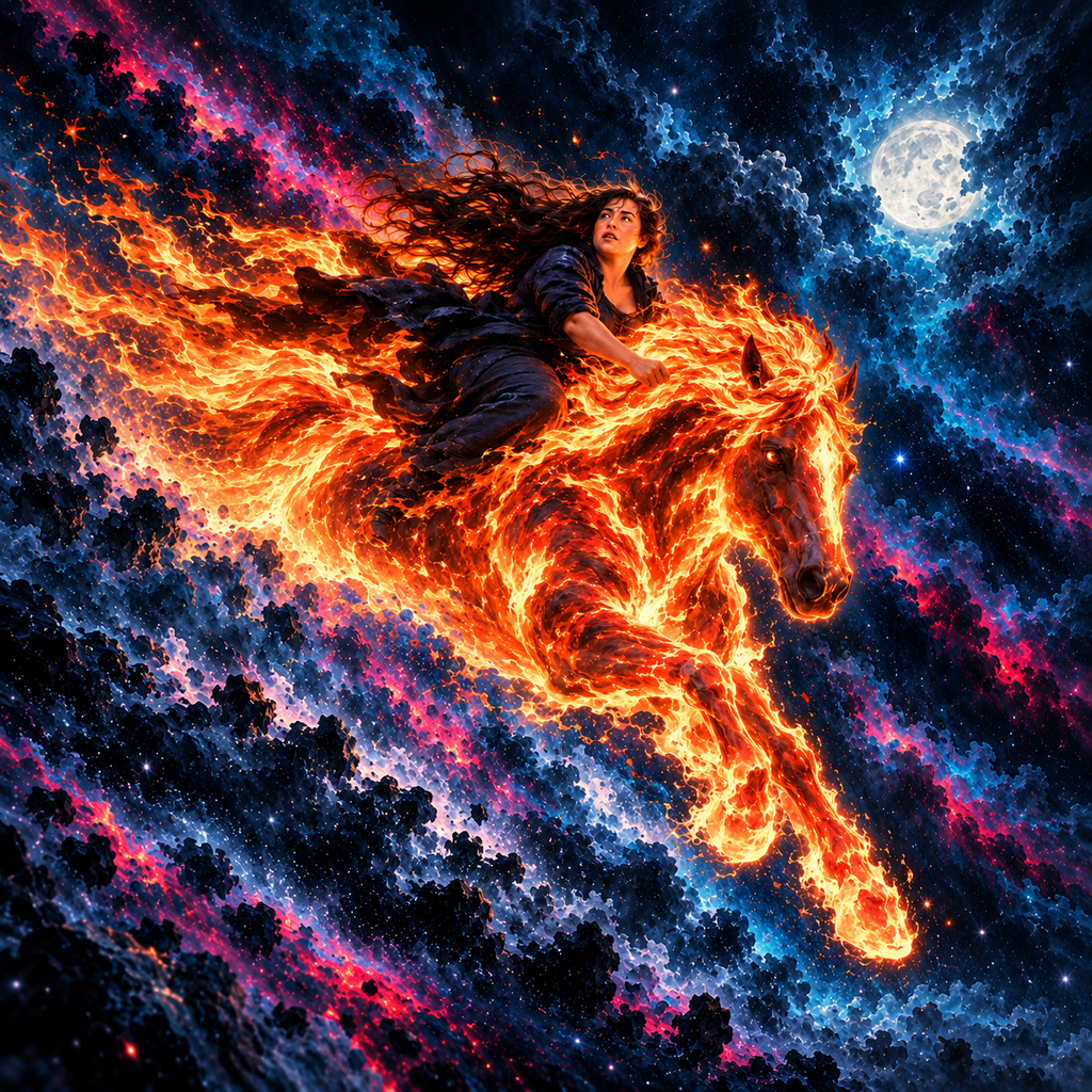 Jinete de cuerpo grande montando un caballo de fuego entre nubes cósmicas azul noche y magenta, bajo la luna.