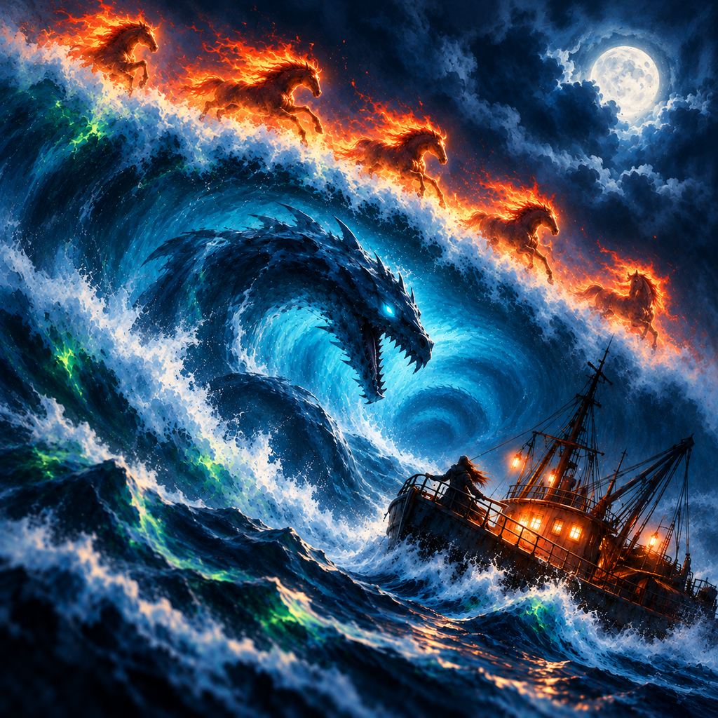 Cinco caballos de fuego galopan sobre un maremoto; un leviatán azul amenaza a un barco nocturno bajo la luna.
