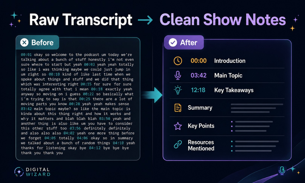 Before-and-after example of a raw podcast transcript transformed by Digital Wizard into clean show notes with timestamps, summary, key points, and resources.