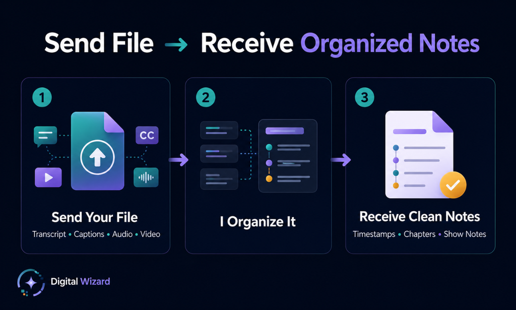 Three-step Digital Wizard workflow showing how a transcript, captions, audio, or video file is organized into clean notes with timestamps, chapters, and show notes.
