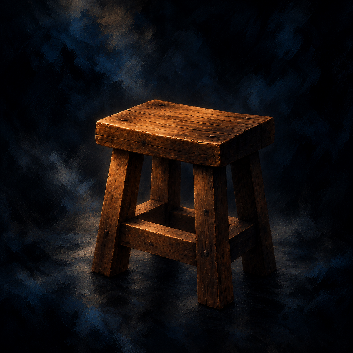 Banquito rústico de madera iluminado con luz ámbar en un ambiente oscuro de pinceladas azul noche.