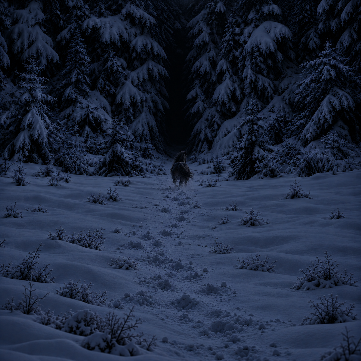 Caballo negro robusto se aleja por un campo nevado hacia un bosque oscuro de abetos bajo la noche.
