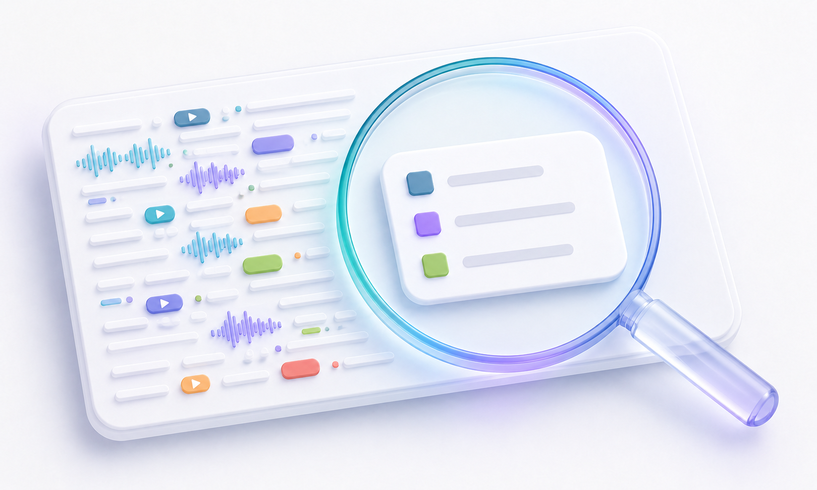 Digital Wizard content summary add-on for timestamps, chapters and show notes, showing audio and video content condensed into a clear summary under a magnifying glass