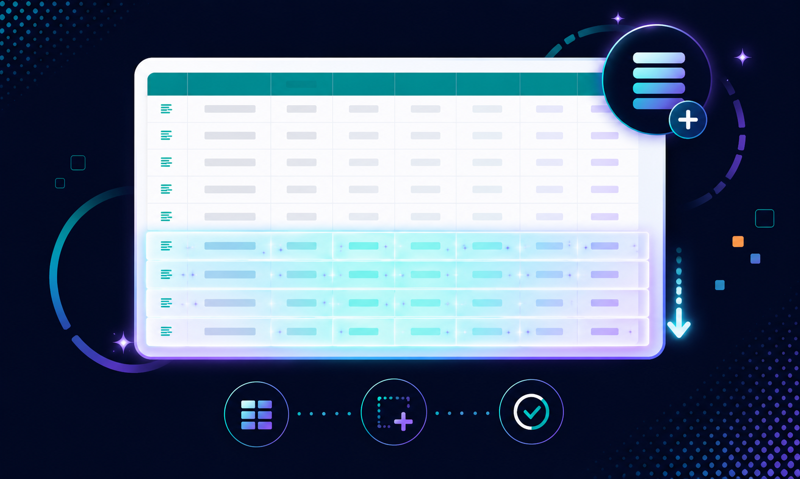 Up to 100 additional spreadsheet rows highlighted in a clean table layout, with add-row and check icons representing a spreadsheet rows add-on.