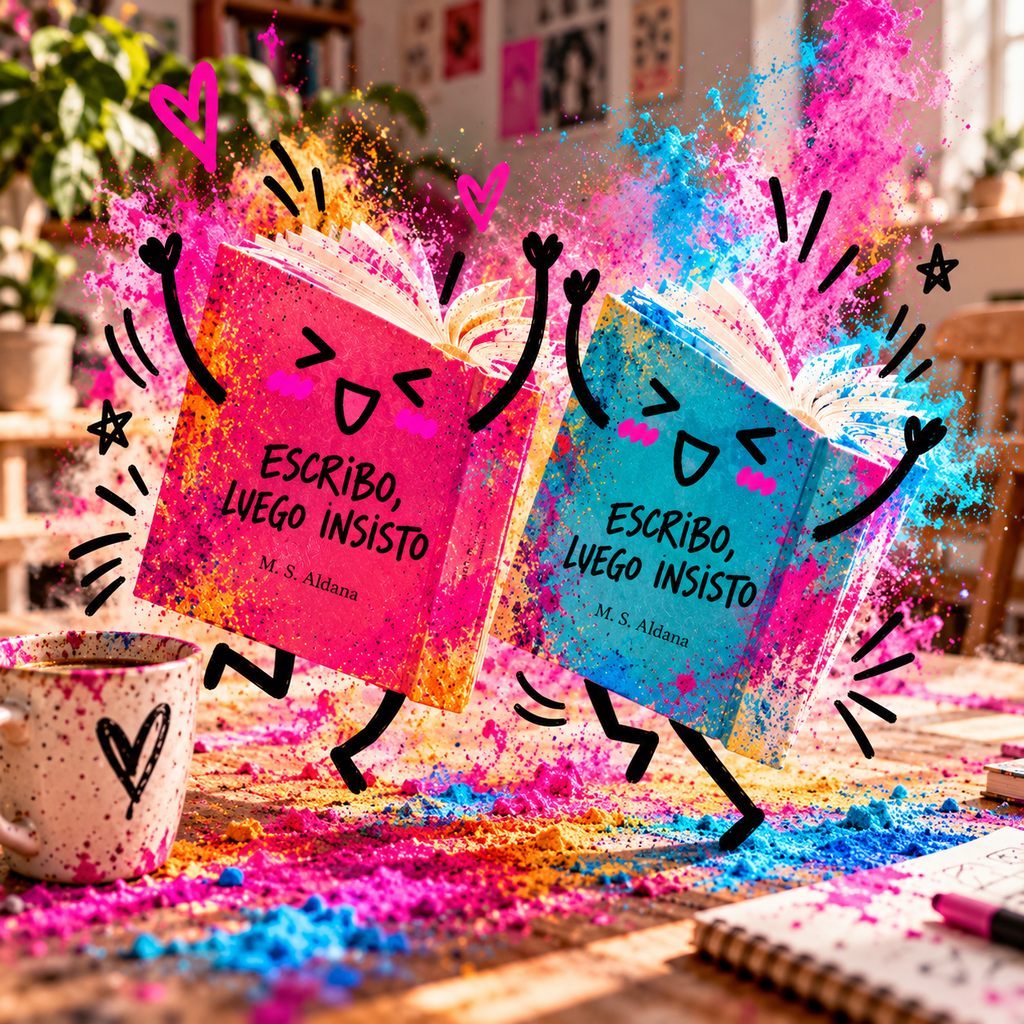 Dos libros abiertos de Escribo, luego insisto, uno magenta y otro cian, bailan con caritas dibujadas entre pigmentos de colores y una taza de café.
