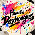 Imagen de PaqueteDeschongues: letras negras pintadas a mano sobre papel crema, brochazos magenta, amarillo y coral, con pequeños toques azul eléctrico y cian.