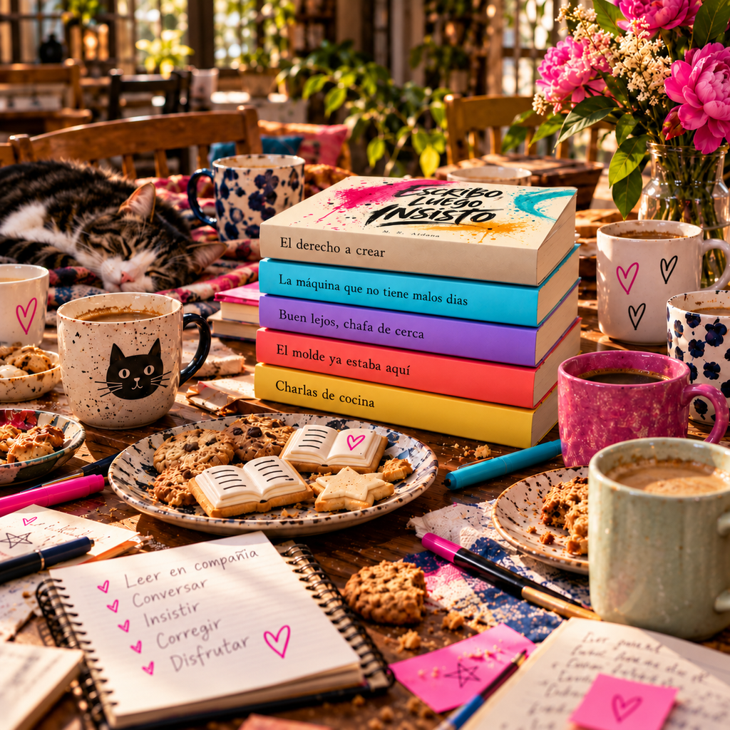 Pila de cinco libros de colores sobre una mesa con varias tazas, galletas con forma de libros abiertos, un gato dormido y un cuaderno que dice «Leer en compañía».