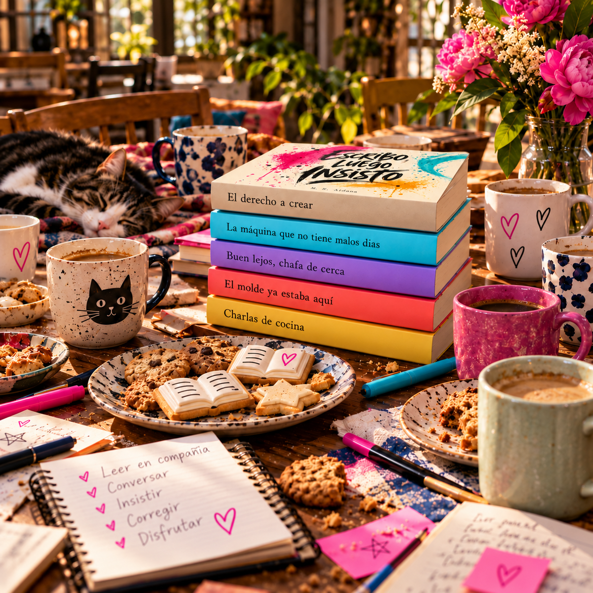 Pila de cinco libros de colores sobre una mesa con varias tazas, galletas con forma de libros abiertos, un gato dormido y un cuaderno que dice «Leer en compañía».