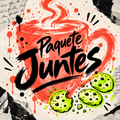 Portada cuadrada de PaqueteJuntes, de M. S. Aldana: letras negras gestuales sobre una taza de café coral humeante, galletas verde ácido y collage de tinta y papel crema.