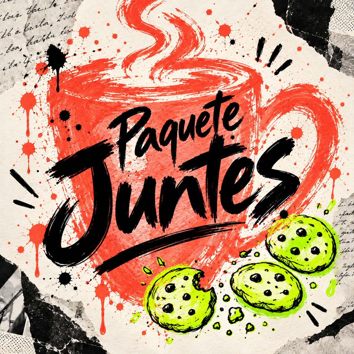 Portada cuadrada de PaqueteJuntes, de M. S. Aldana: letras negras gestuales sobre una taza de café coral humeante, galletas verde ácido y collage de tinta y papel crema.