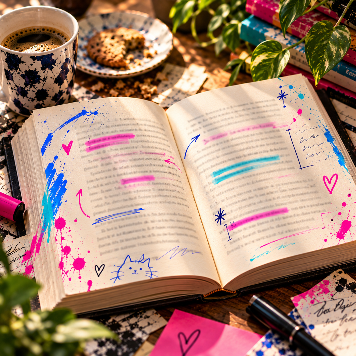 Libro abierto sobre una mesa junto a una taza de café, con texto desenfocado, subrayados magenta y cian, flechas azules y un gato dibujado a mano.