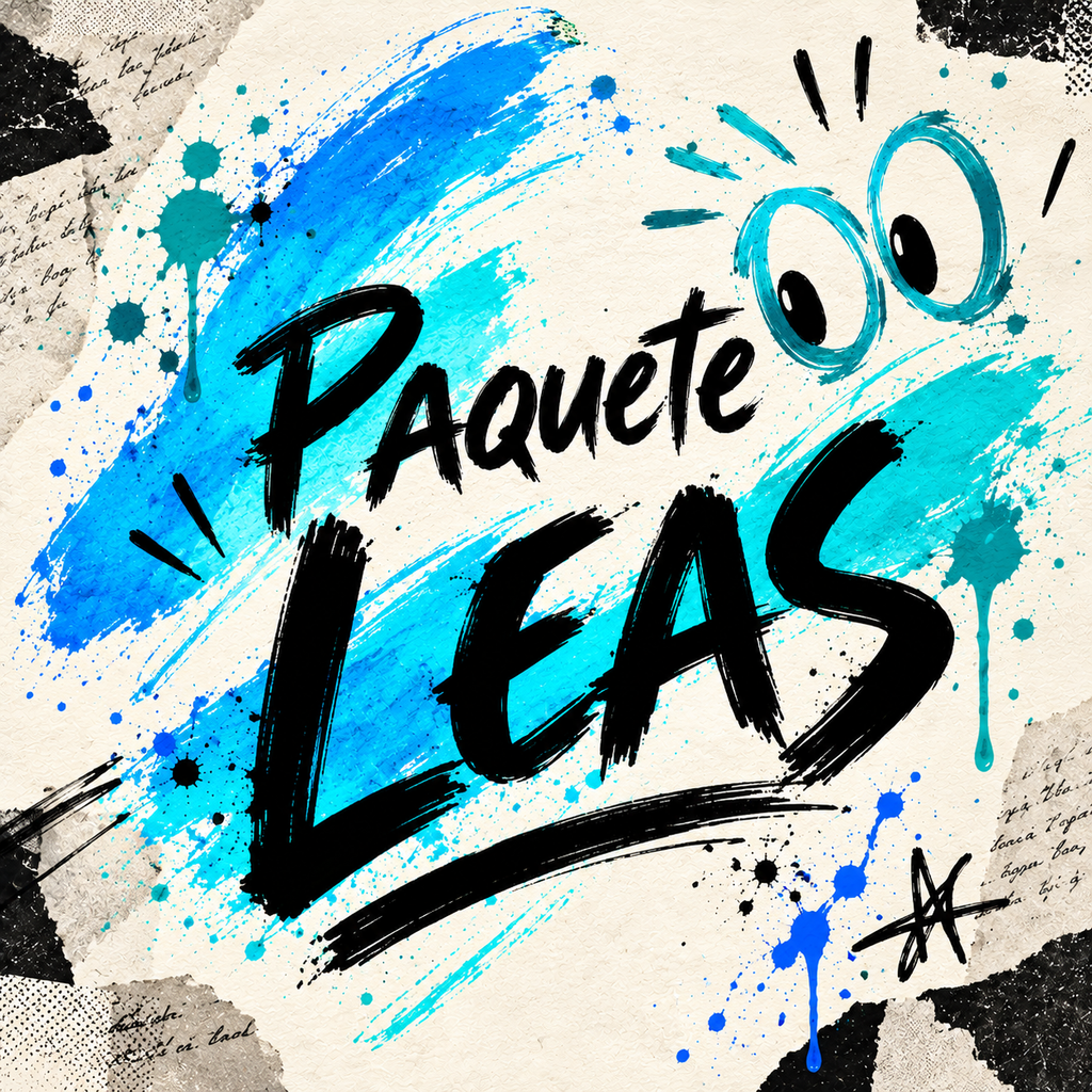 Portada cuadrada de PaqueteLeas con lettering negro, brochazos azul eléctrico y cian, y dos ojos dibujados a mano en cian mirando hacia el título sobre papel crema.