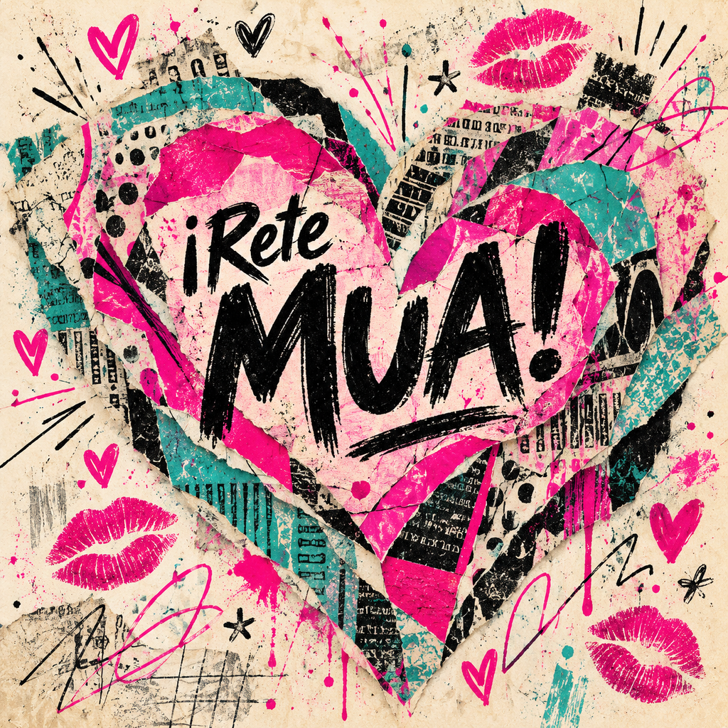 Corazón hecho con recortes de papel magenta y cian, lettering negro «¡Rete MUA!», corazones dibujados y besos estampados sobre papel crema.
