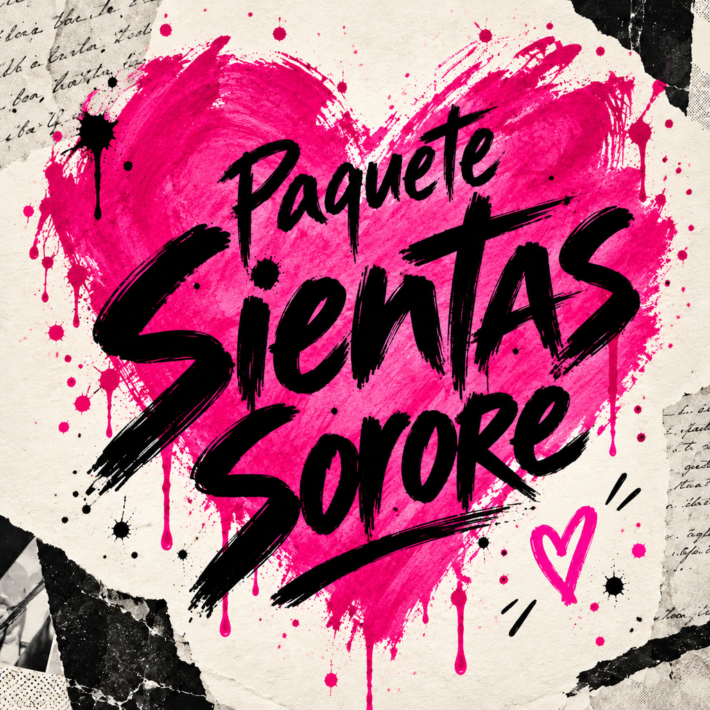 Portada cuadrada de PaqueteSientas Sorore: lettering negro gestual ante un corazón magenta sólido de brochazos desiguales, con salpicaduras y un corazón pequeño magenta sobre papel crema intervenido.