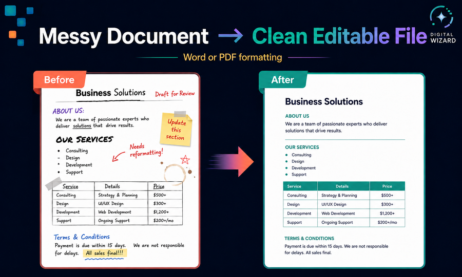 Before-and-after Word or PDF formatting graphic showing a messy business document transformed into a clean editable file.