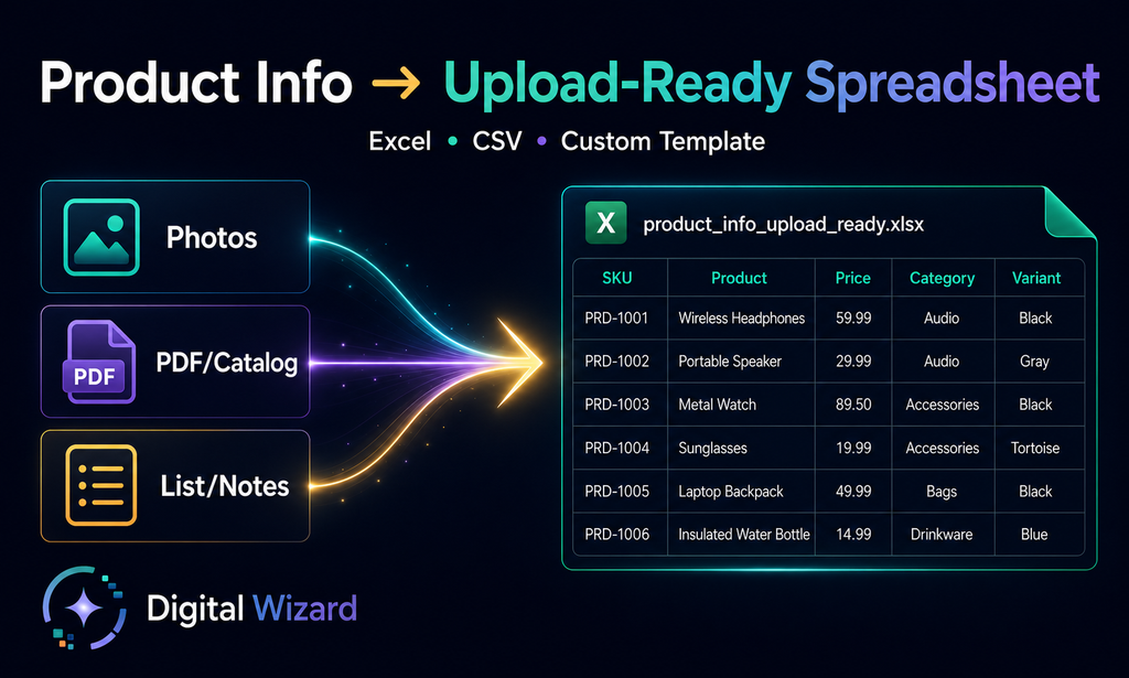 Graphic showing photos, PDF catalogs, and lists organized into an upload-ready product spreadsheet.