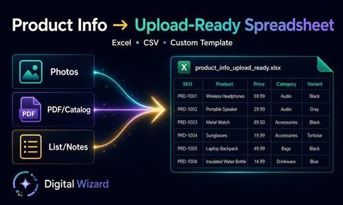 Graphic showing photos, PDF catalogs, and lists organized into an upload-ready product spreadsheet.