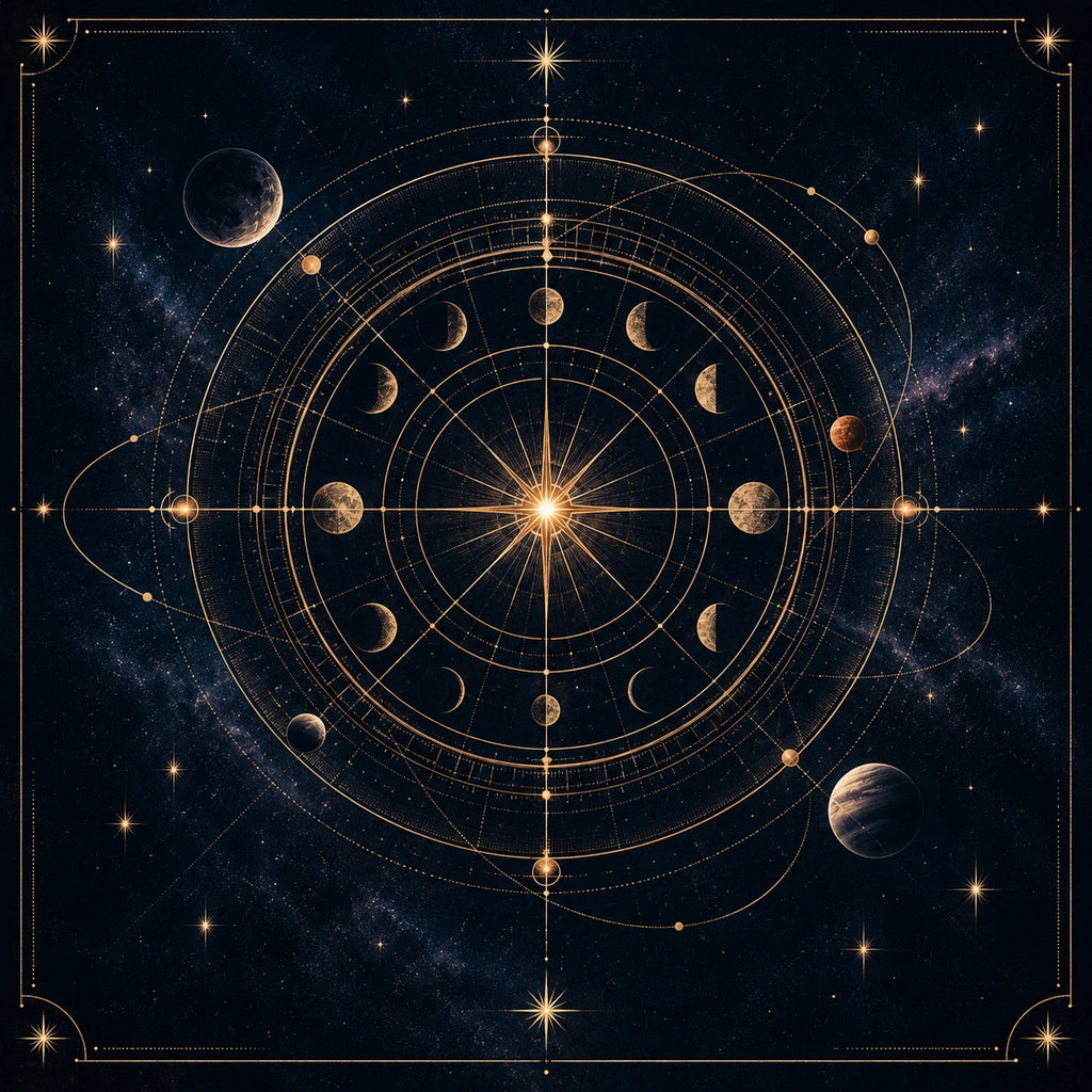 Mapa celeste circular en azul noche y cobre, con fases lunares, órbitas y líneas de observación.