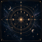 Mapa celeste circular en azul noche y cobre, con fases lunares, órbitas y líneas de observación.