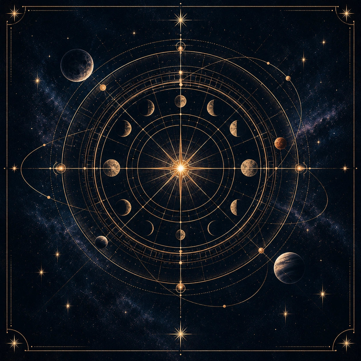 Mapa celeste circular en azul noche y cobre, con fases lunares, órbitas y líneas de observación.