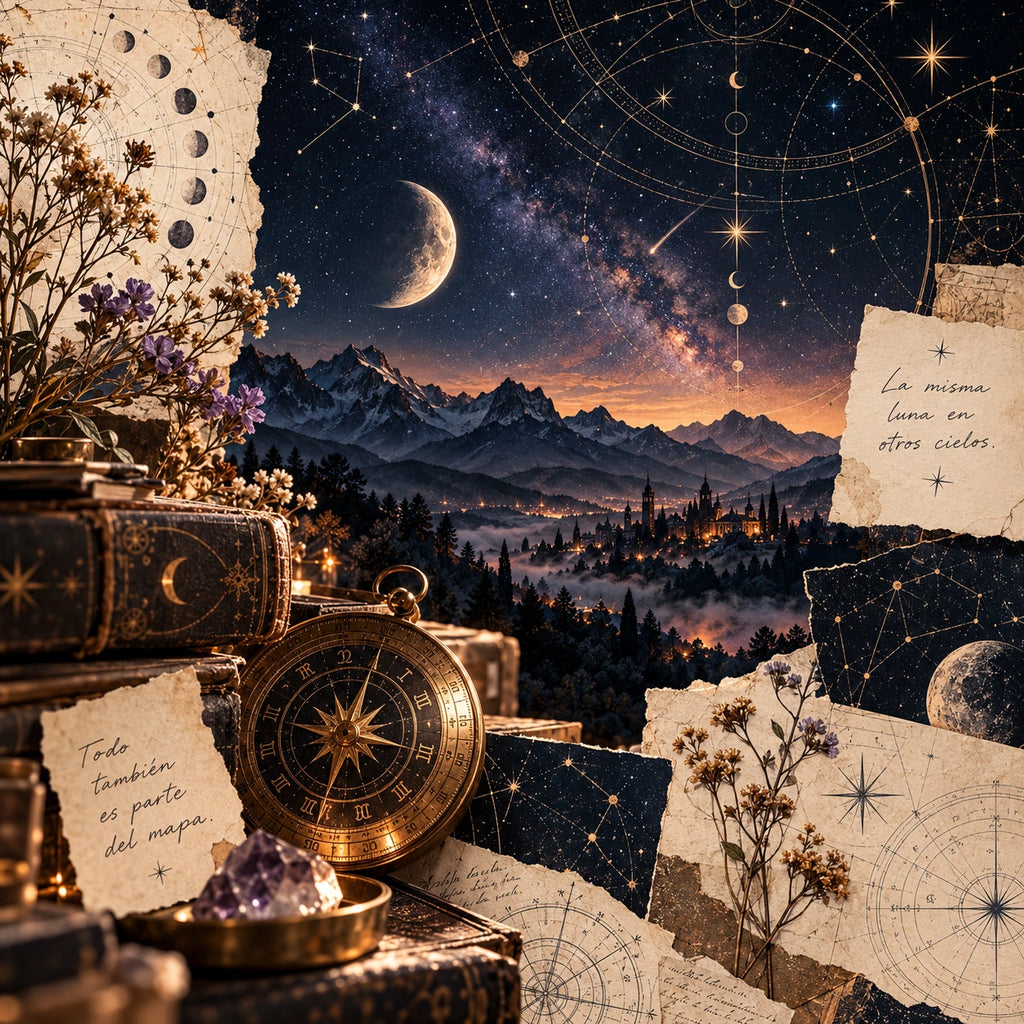 Instrumento astronómico antiguo y papeles de archivo sobre un paisaje montañoso iluminado por la luna.