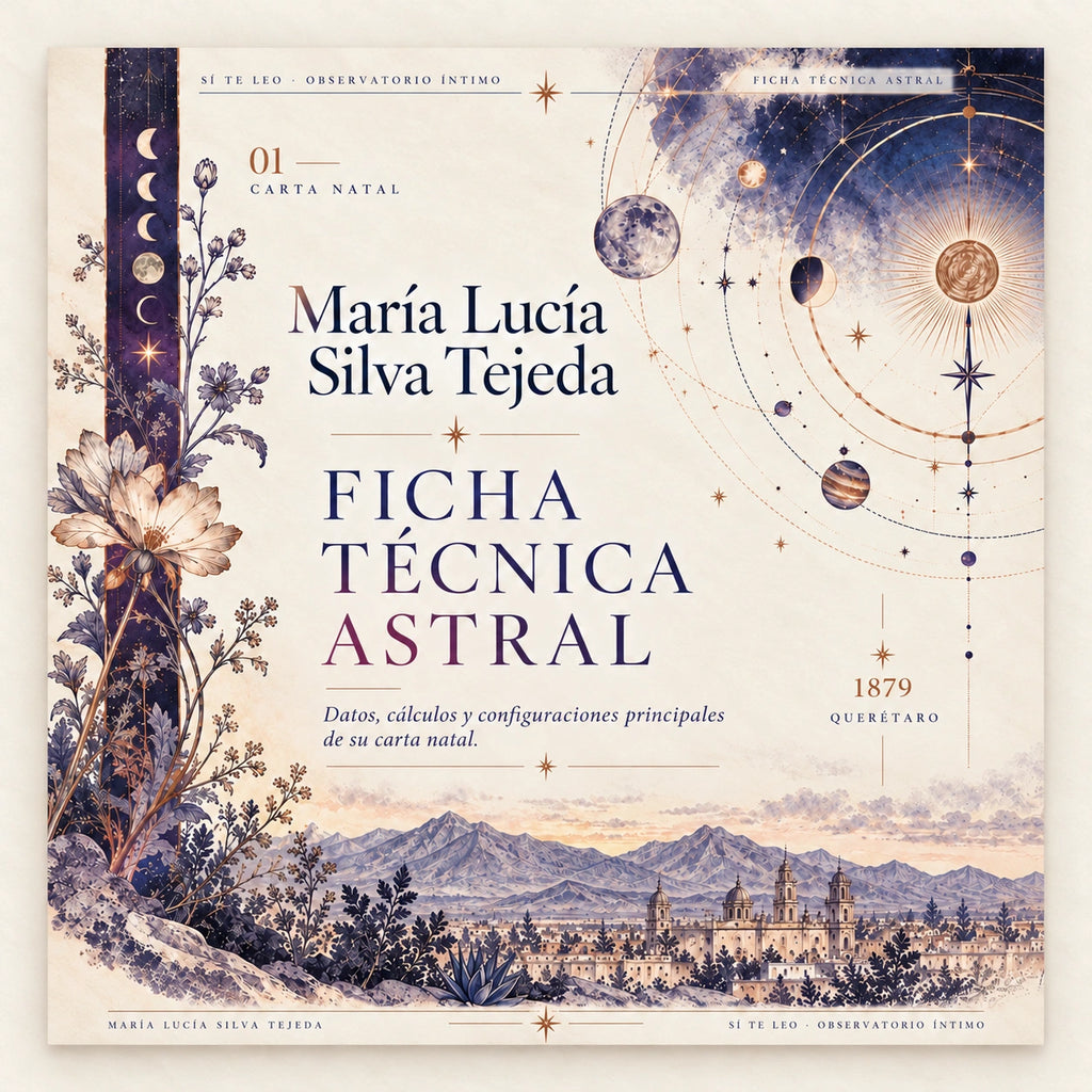 Portada ilustrativa de Ficha Técnica Astral con flores, mapa celeste y paisaje histórico.