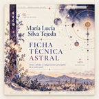 Portada ilustrativa de Ficha Técnica Astral con flores, mapa celeste y paisaje histórico.