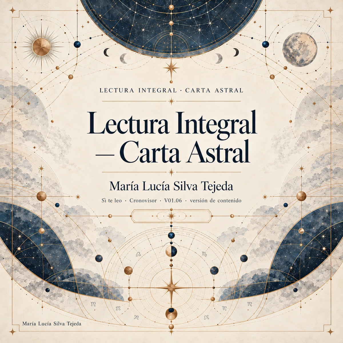 Portada de ejemplo de un estudio astrológico con diagramas celestes sobre papel marfil.
