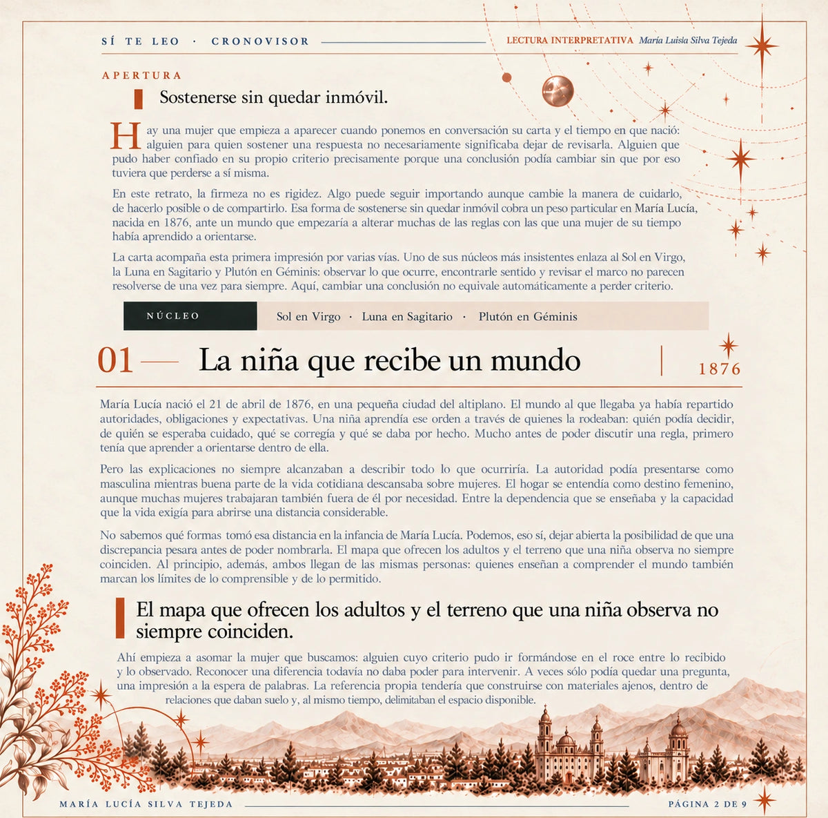 Página editorial de ejemplo con texto interpretativo, capitulares y paisaje histórico en el pie.