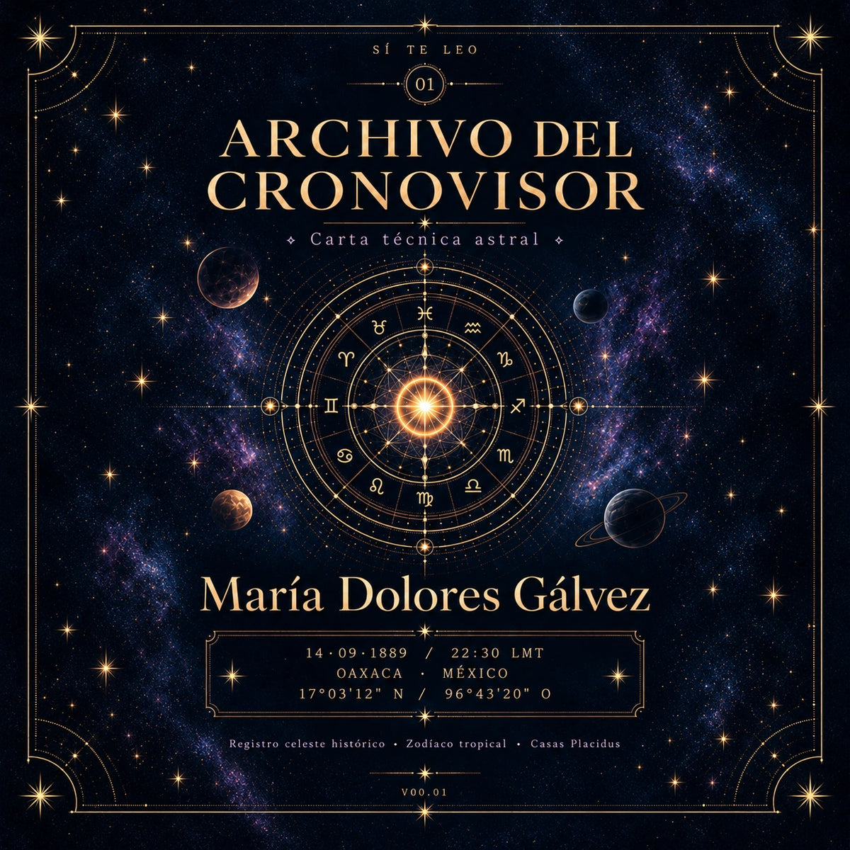 Portada azul noche del Archivo del Cronovisor con mapa celeste dorado y estructura de observatorio.