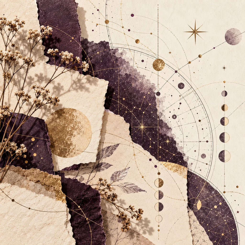Composición en marfil y ciruela con papeles rasgados, flores secas, trazos cartográficos y líneas de conexión celeste.
