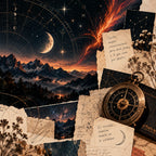 Collage de montañas nocturnas, luna y mapas celestes con papeles, flores secas y brújula antigua; una nota dice «Lo invisible también habita en lo cotidiano».